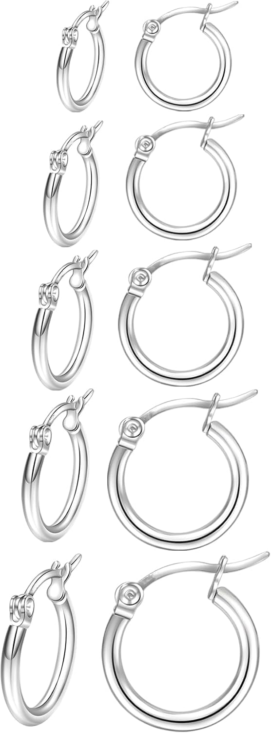 5 Pairs Silver Hoop Earrings
