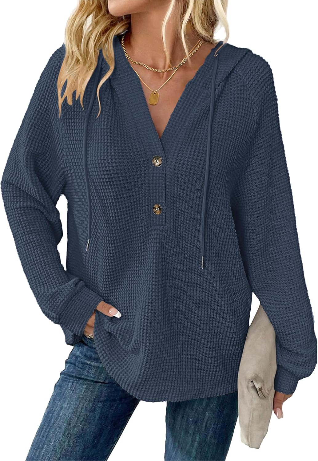Waffle Knit V-Neck Hoodie Top