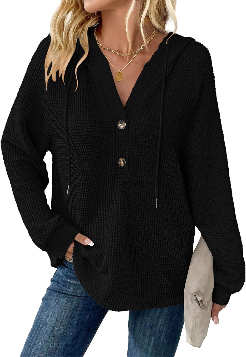 Women's Waffle Knit V-Neck Hoodie